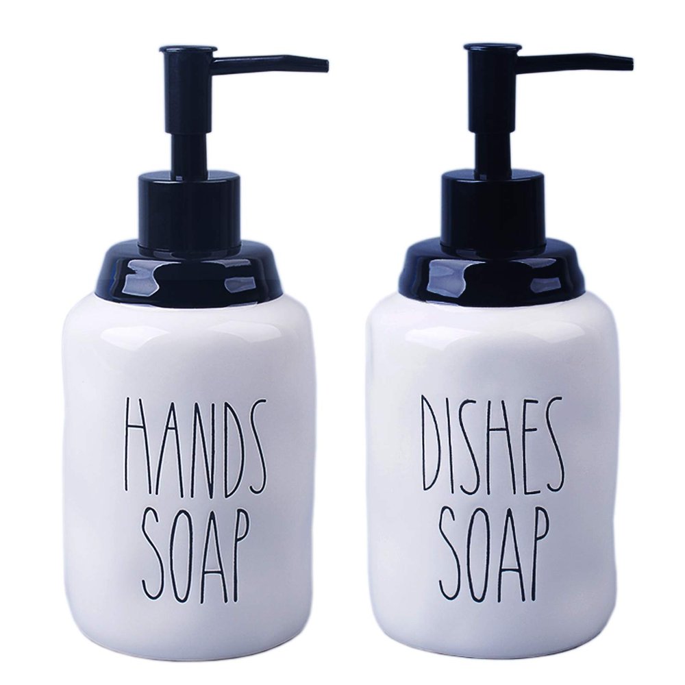 Dishes and Hands Soap Dispenser Set Farmhouse Style Ceramic Liquid Dispenser Bottles, Perfect for Kitchen Counter or Kitchen Sink Dcor (16oz, White Bottles with Black Pump and Lettering)