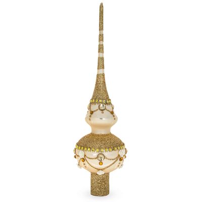 Dimensional Roses on Sparkling Beige Glass Christmas Tree Topper 11 Inches