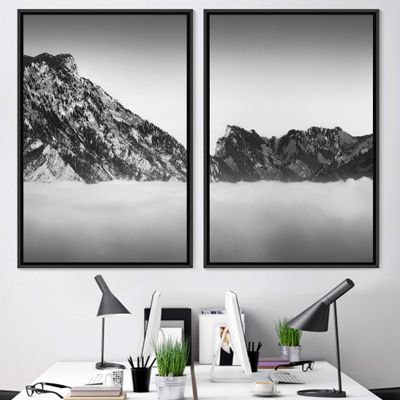 SIGNWIN 2 Piece Framed Canvas Wall Art Monochromatic Mountains Canvas Prints Home Artwork Decoration for Living Room,Bedroom - 24"x36"x2 Panels