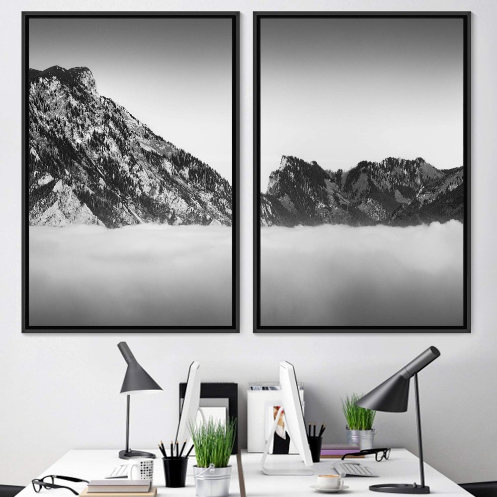 SIGNWIN 2 Piece Framed Canvas Wall Art Monochromatic Mountains Canvas Prints Home Artwork Decoration for Living Room,Bedroom - 24"x36"x2 Panels