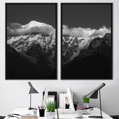 SIGNWIN 2 Piece Framed Canvas Wall Art Black and White Mountains Canvas Prints Home Artwork Decoration for Living Room,Bedroom - 24"x36"x2 Panels