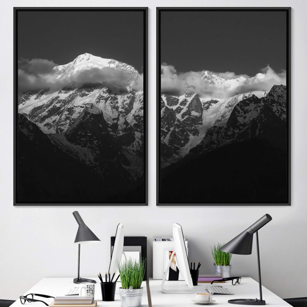 SIGNWIN 2 Piece Framed Canvas Wall Art Black and White Mountains Canvas Prints Home Artwork Decoration for Living Room,Bedroom - 24"x36"x2 Panels