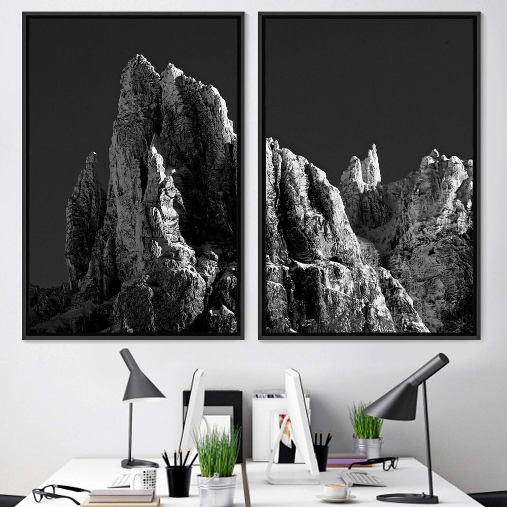 SIGNWIN 2 Piece Framed Canvas Wall Art Monochromatic Mountains Canvas Prints Home Artwork Decoration for Living Room,Bedroom - 24"x36"x2 Panels