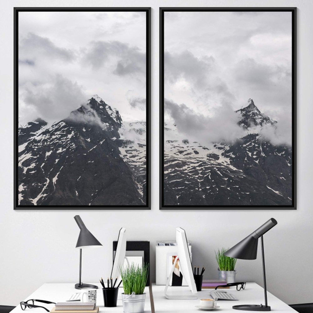 SIGNWIN 2 Piece Framed Canvas Wall Art Monochromatic Mountains Canvas Prints Home Artwork Decoration for Living Room,Bedroom - 24"x36"x2 Panels