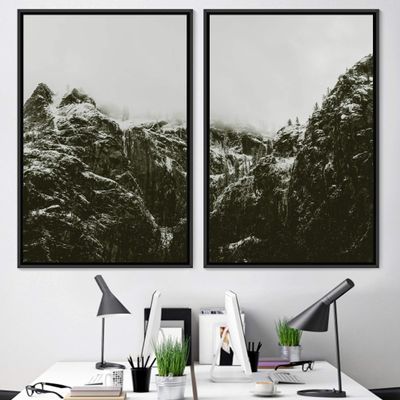 SIGNWIN 2 Piece Framed Canvas Wall Art Monochromatic Mountains Canvas Prints Home Artwork Decoration for Living Room,Bedroom - 24"x36"x2 Panels