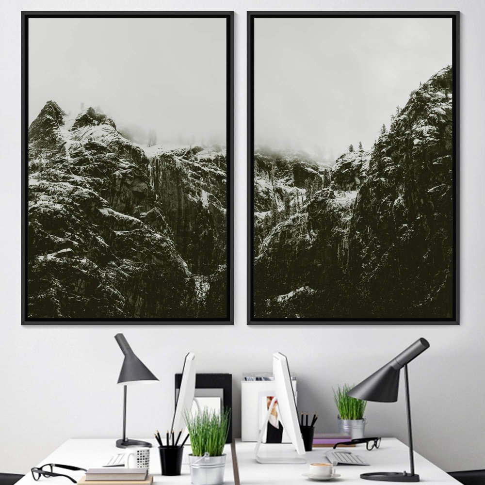 SIGNWIN 2 Piece Framed Canvas Wall Art Monochromatic Mountains Canvas Prints Home Artwork Decoration for Living Room,Bedroom - 24"x36"x2 Panels