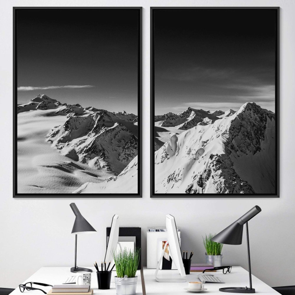 SIGNWIN 2 Piece Framed Canvas Wall Art Monochromatic Mountains Canvas Prints Home Artwork Decoration for Living Room,Bedroom - 24"x36"x2 Panels