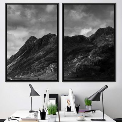 SIGNWIN 2 Piece Framed Canvas Wall Art Monochromatic Mountains Canvas Prints Home Artwork Decoration for Living Room,Bedroom - 24"x36"x2 Panels