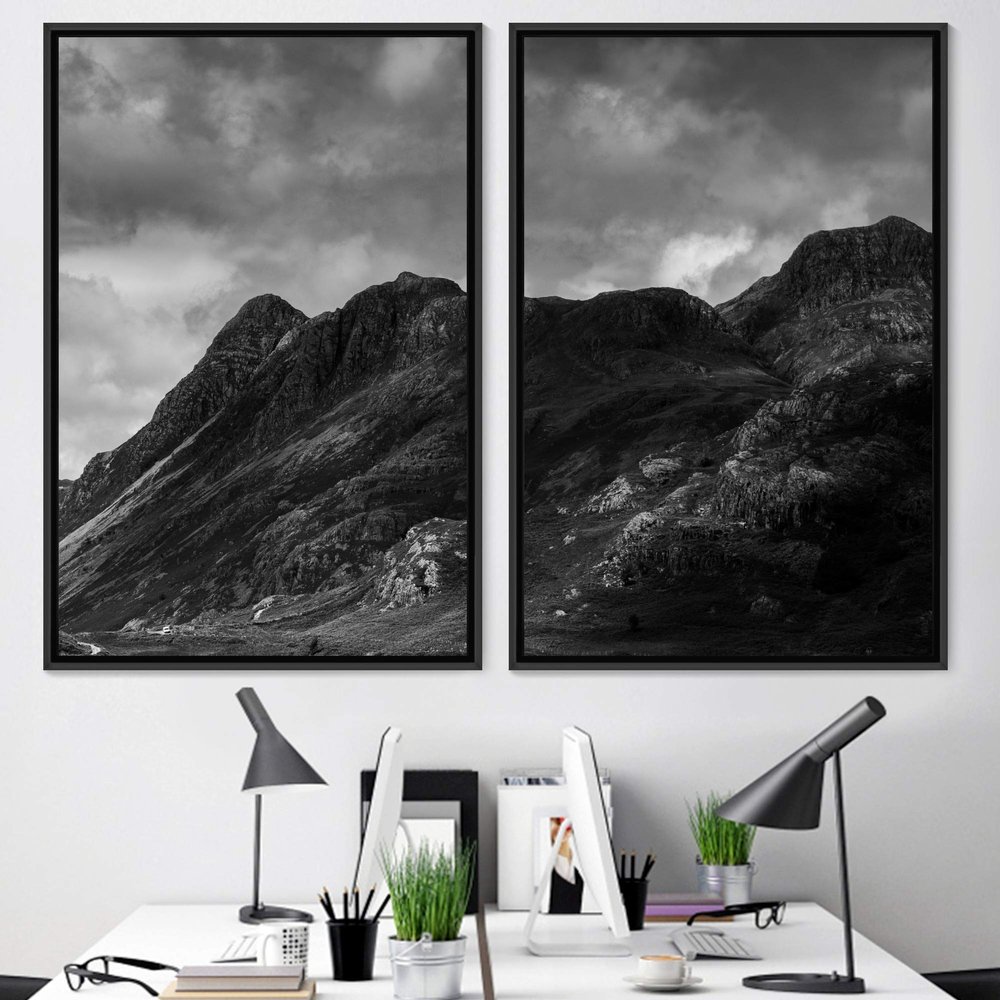 SIGNWIN 2 Piece Framed Canvas Wall Art Monochromatic Mountains Canvas Prints Home Artwork Decoration for Living Room,Bedroom - 24"x36"x2 Panels
