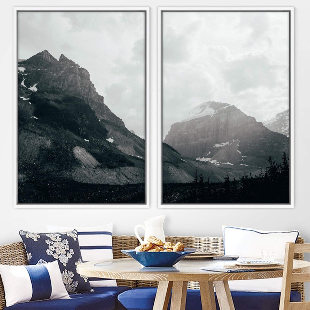 SIGNWIN 2 Piece Framed Canvas Wall Art Monochromatic Mountains Canvas Prints Home Artwork Decoration for Living Room,Bedroom - 24"x36"x2 Panels