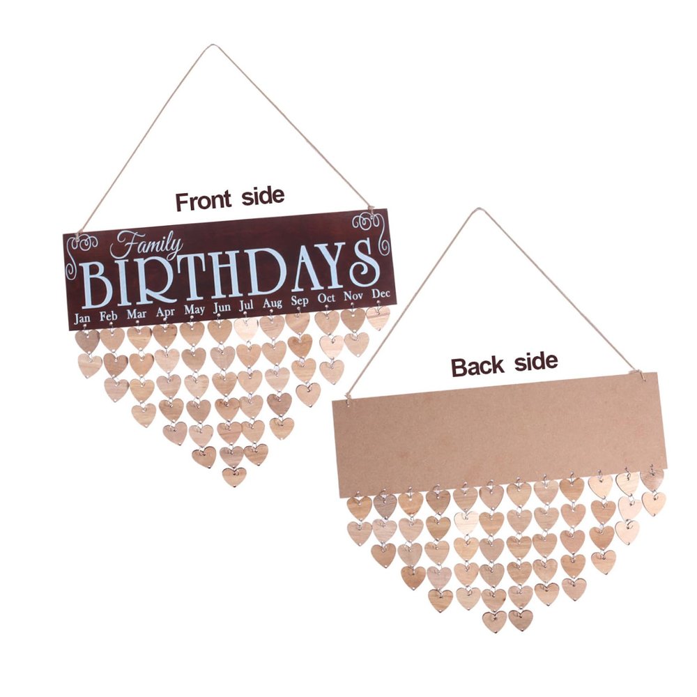BIRTHDAYS Wooden DIY Calendar Hanging Plaque Board Family Birthday Reminder Home Decor (Colorful, 1 Plaque, 1 Rope, 50 Heart Discs)