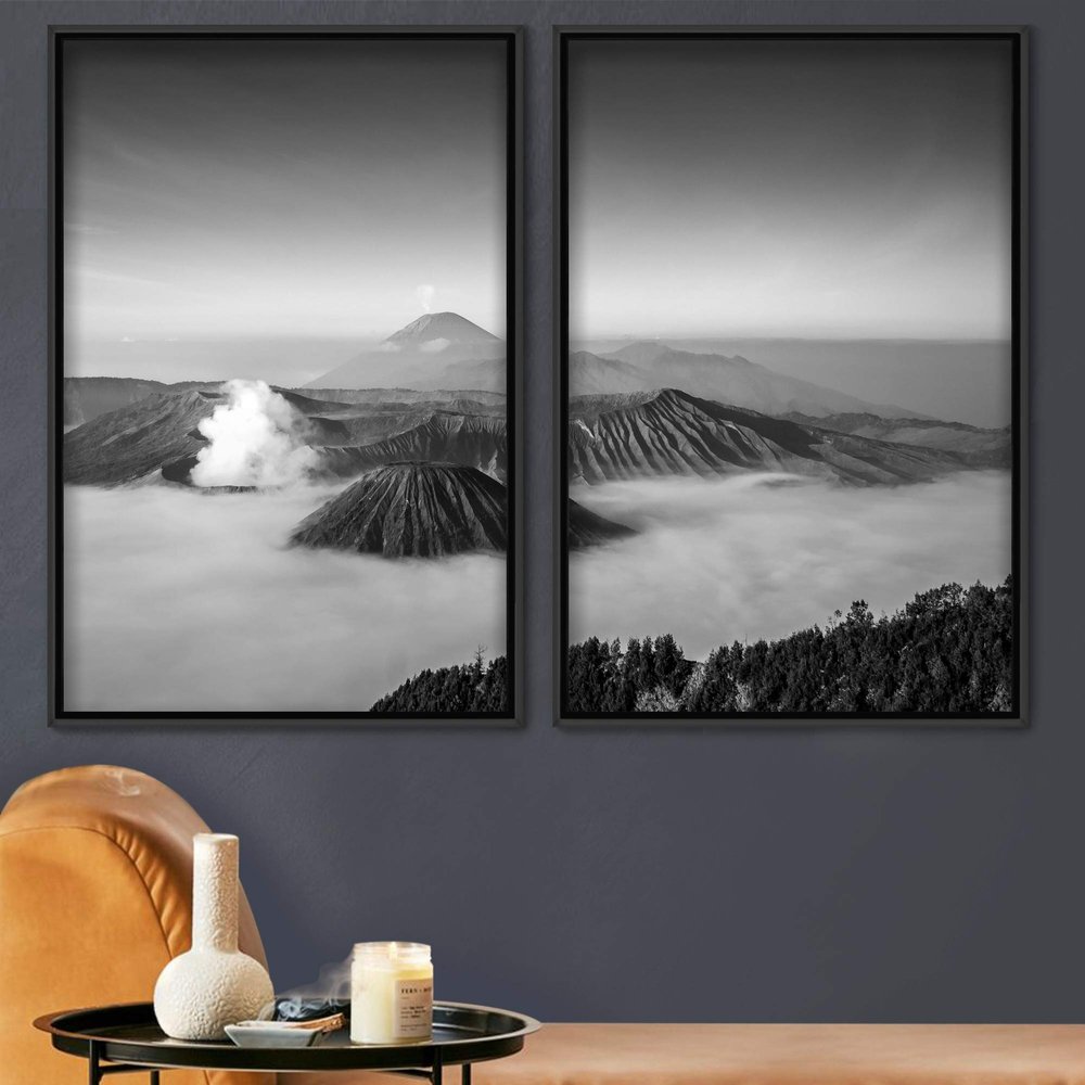 SIGNWIN 2 Piece Framed Canvas Wall Art Monochromatic Mountains Canvas Prints Home Artwork Decoration for Living Room,Bedroom - 24"x36"x2 Panels