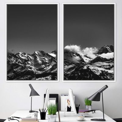 SIGNWIN 2 Piece Framed Canvas Wall Art Monochromatic Mountains Canvas Prints Home Artwork Decoration for Living Room,Bedroom - 24"x36"x2 Panels