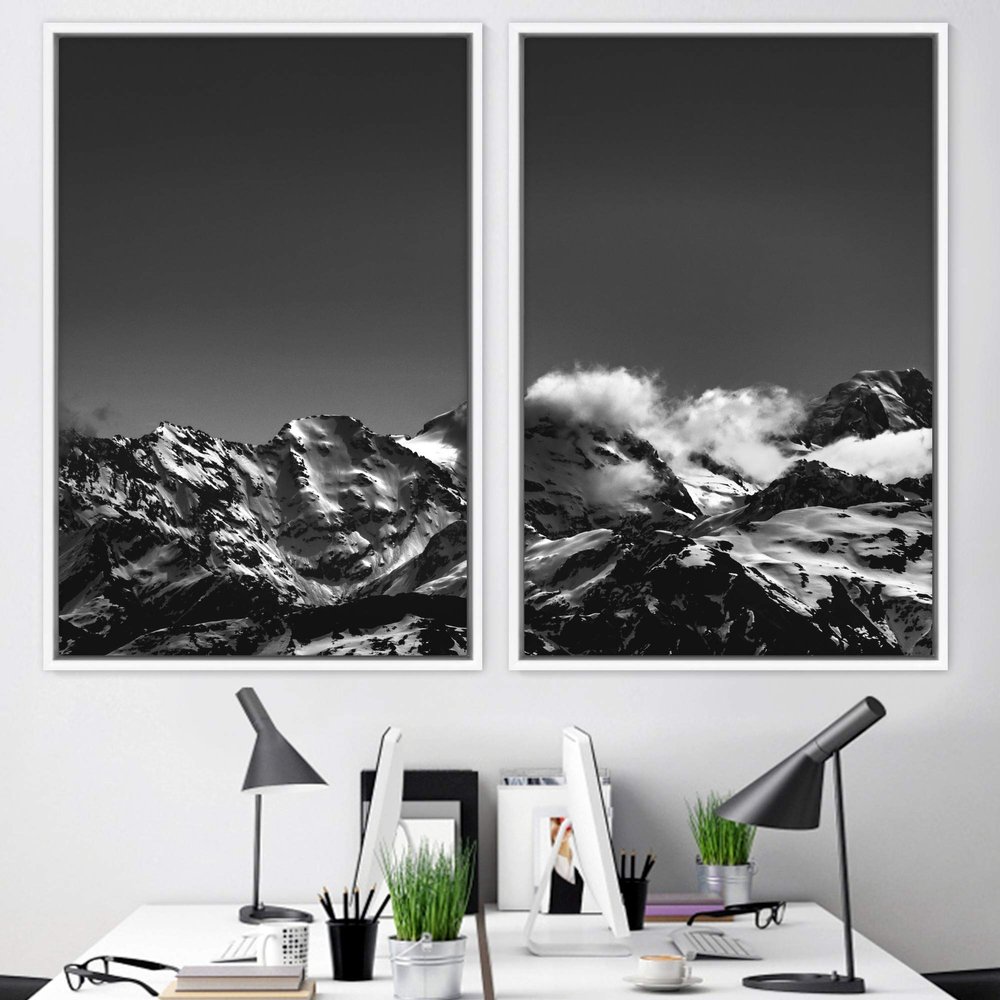 SIGNWIN 2 Piece Framed Canvas Wall Art Monochromatic Mountains Canvas Prints Home Artwork Decoration for Living Room,Bedroom - 24"x36"x2 Panels