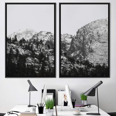 SIGNWIN 2 Piece Framed Canvas Wall Art Black and White Mountains Canvas Prints Home Artwork Decoration for Living Room,Bedroom - 24"x36"x2 Panels