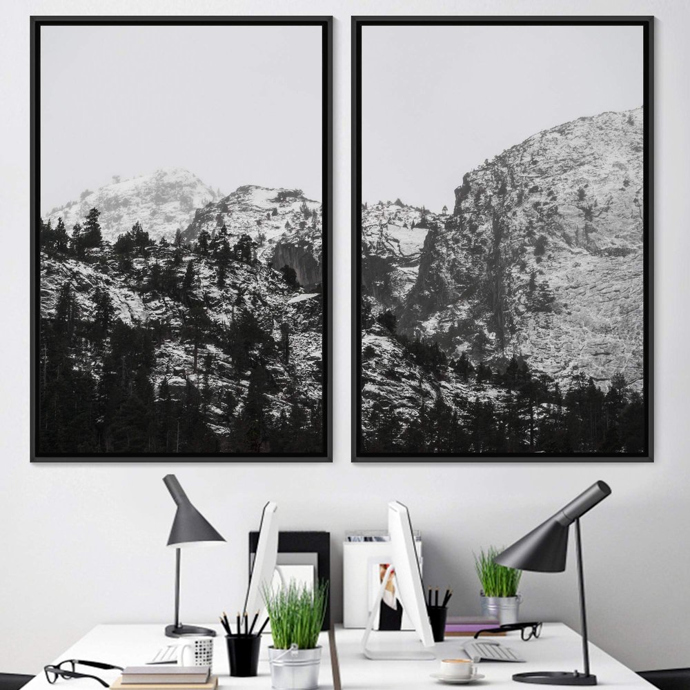 SIGNWIN 2 Piece Framed Canvas Wall Art Black and White Mountains Canvas Prints Home Artwork Decoration for Living Room,Bedroom - 24"x36"x2 Panels