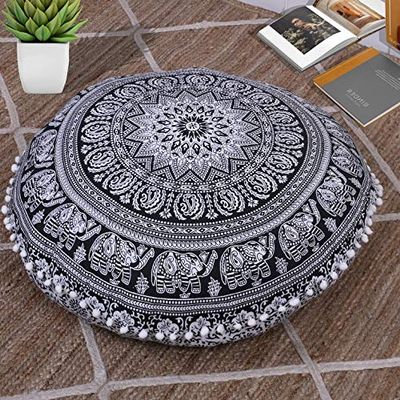 Maviss Home Floor Decor Round Mandala Pouf Cover | Floor Yoga Pillows Cover | Round Bohemian Meditation Cushion Cover | Round Pouf Cover | 32 Inch 80 cm Approx; Black & White