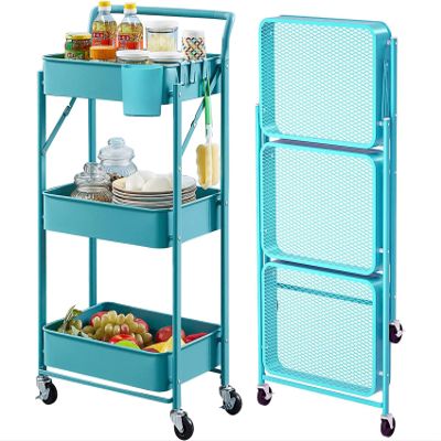 Foldable Utility Rolling Cart with Wheels No Assembly 3 Tier Metal Rolling Cart with Cup and Hooks Heavy Duty Mesh Storage Baskets Rack Folding Shelves for Kitchen,Office,Classroom, Bathroom(Teal)