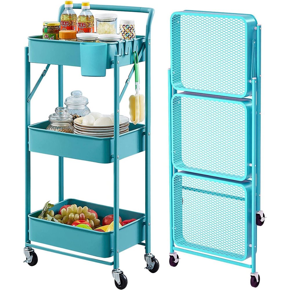 Foldable Utility Rolling Cart with Wheels No Assembly 3 Tier Metal Rolling Cart with Cup and Hooks Heavy Duty Mesh Storage Baskets Rack Folding Shelves for Kitchen,Office,Classroom, Bathroom(Teal)