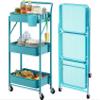 Foldable Utility Rolling Cart with Wheels No Assembly 3 Tier Metal Rolling Cart with Cup and Hooks Heavy Duty Mesh Storage Baskets Rack Folding Shelves for Kitchen,Office,Classroom, Bathroom(Teal) view 1