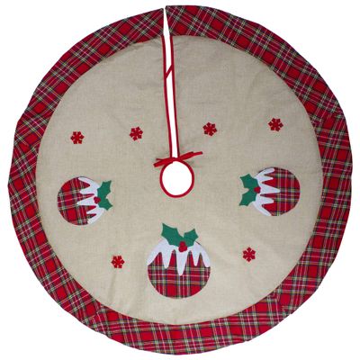 36" Burlap Plaid Tree Skirt with Christmas Puddings