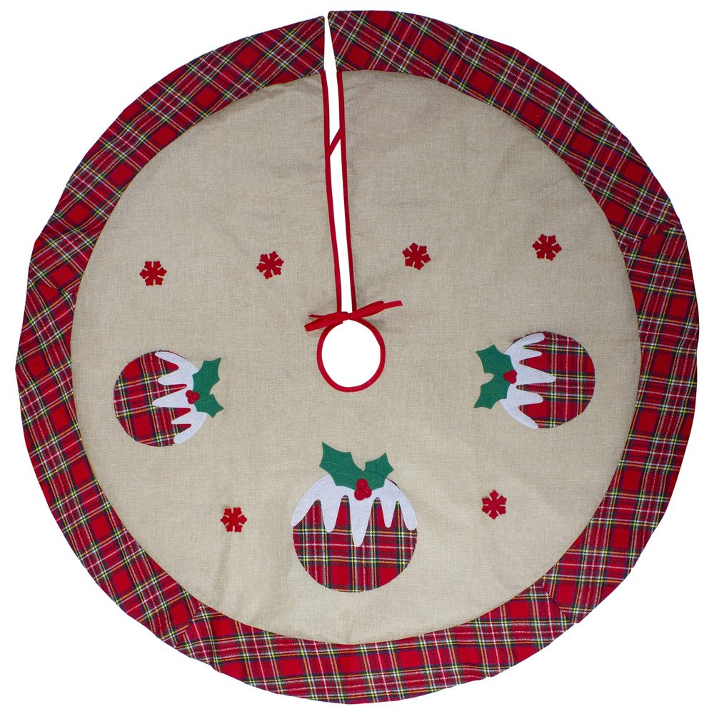 36" Burlap Plaid Tree Skirt with Christmas Puddings