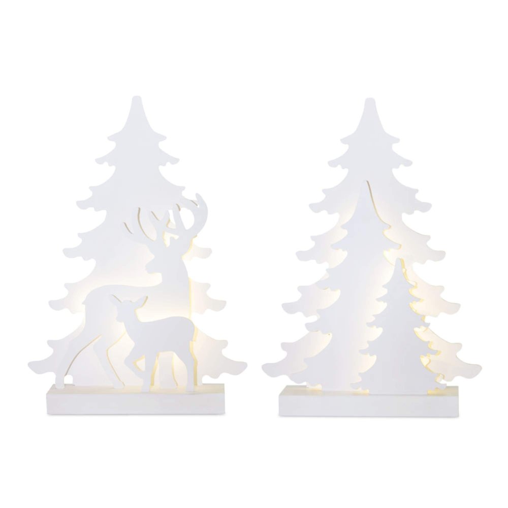 Contemporary Home Living Set of 2 White LED Lighted Tree 4 Piece Christmas Tabletop Decors 16"