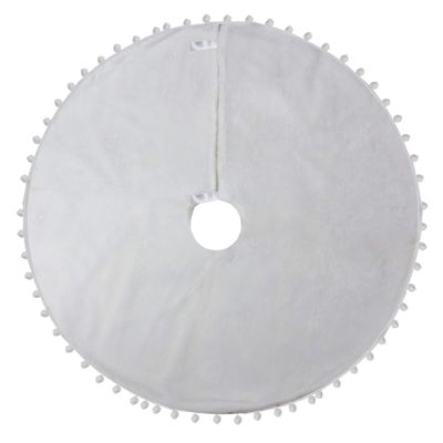 36" White Christmas Tree Skirt with a Pom Pom Border and Tie Backs