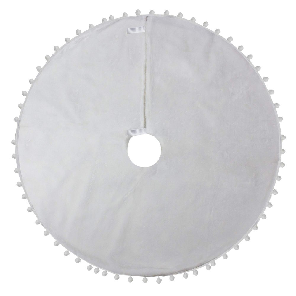 36" White Christmas Tree Skirt with a Pom Pom Border and Tie Backs