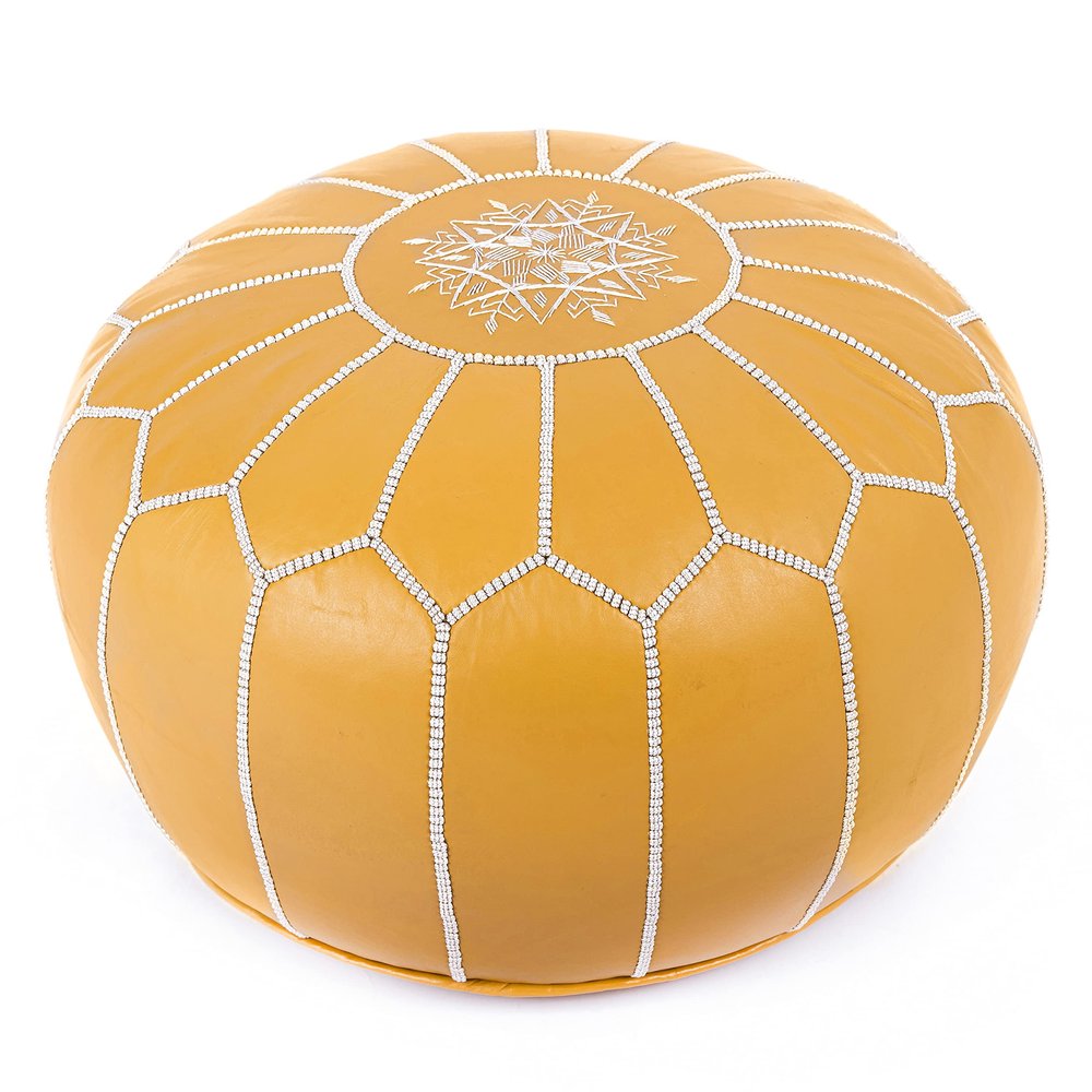 Marrakesh Gallery Genuine Leather Round Pouf Unstuffed - Moroccan Ottoman Footstool, Footrest Cover - Boho Decor - Bohemian Living Room, Bedroom, Kids Room, Gift & Wedding