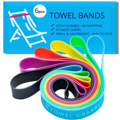 Towel Crabber Silicone Towel Bands for Beach Chairs (6 Pack) Beach, Pool & Cruise Essentials, No Snap, Non-Bulky, Fits Most Pool & Lounge Chairs, A Smart Alternative to Towel Clips