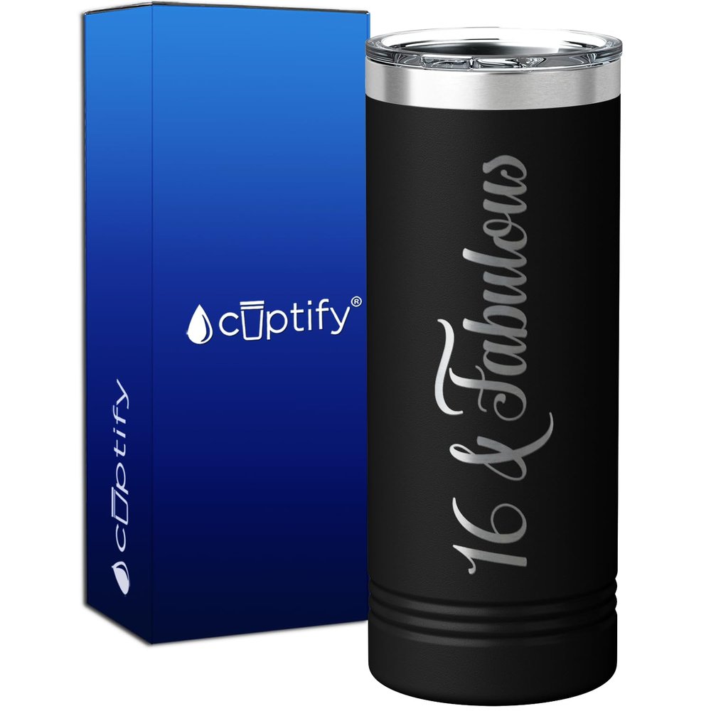 16 & Fabulous 22 oz Skinny Tumbler 16th Birthday Gifts For Girls on Black Decorations Funny Present Vacuum Insulated Cup with Lid