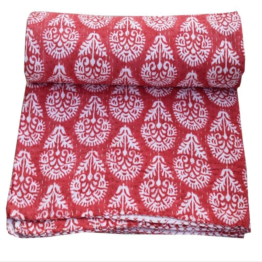 Sophia-Art Indian King/Twin Handmade Bohemian Hand Block Print Pure Cotton Bedspread Kantha Stitch Hippie Kantha Bed Spread Reversible Bedcover Throw Quilt (Handblock 8, 90" x 108")