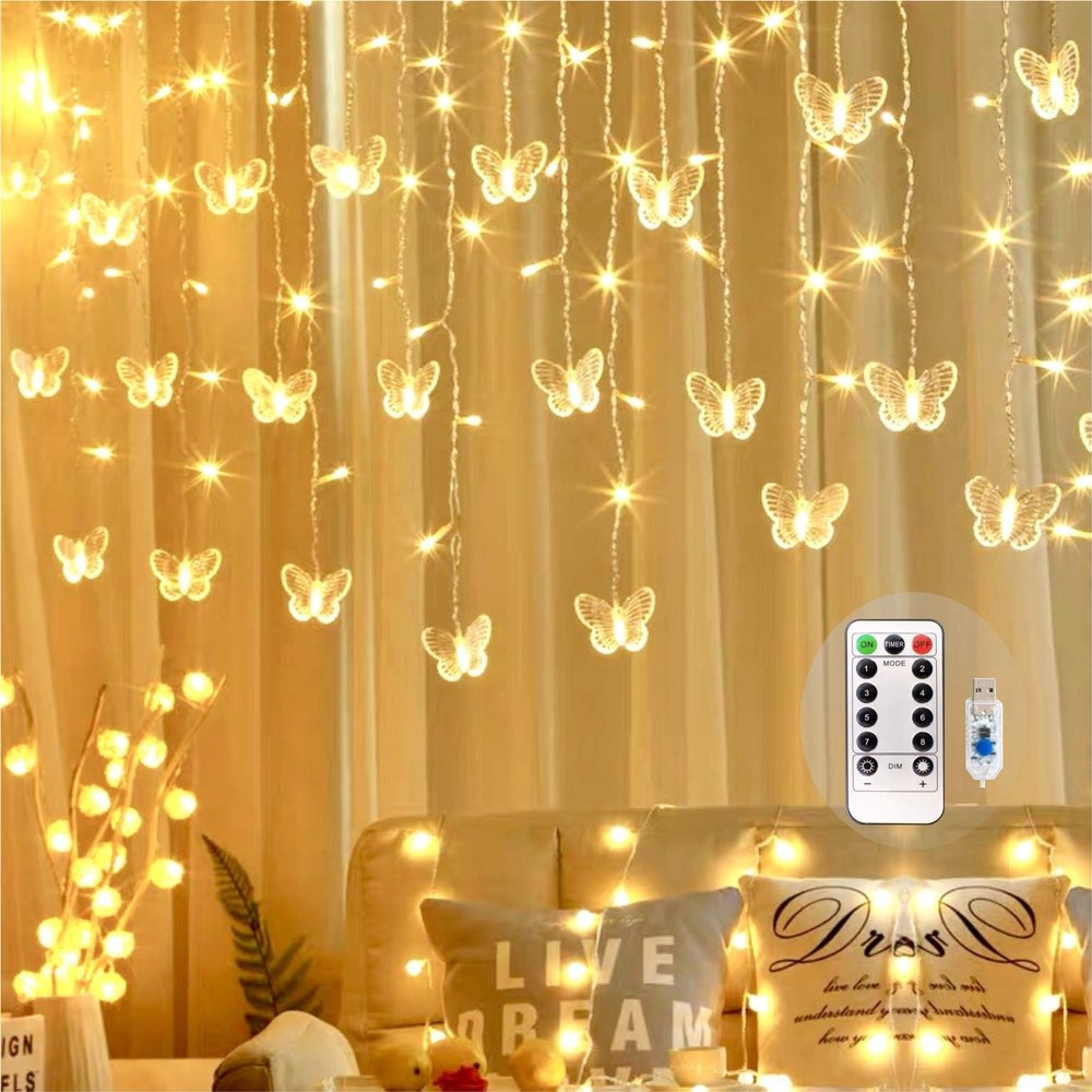 Butterfly Curtain Fairy Lights USB Plug in,8 Modes 120 LED 19.7FT Firefly Twinkle Timer String Lights with Remote, Waterproof Copper Wire for Bedroom Patio Christmas Wedding Party Dorm(Warm White)