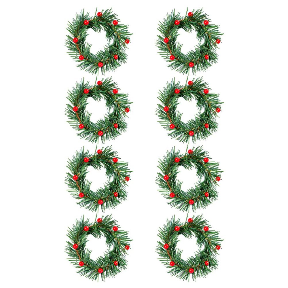 Lurrose 8pcs Christmas Candle Ring Red Berry Candle Rings Wreath with Green Snowy Pine Needles Artificial Christmas Wreath Xmas Table Centerpiece Advent Calendar Decorations