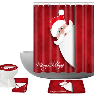 Amagical Christmas Background with Cute Santa Claus Pattern 4 Piece Bathroom Mat Set Shower Curtain Set Merry Christmas Bath Mat Contour Mat Toilet Cover Shower Curtain with 12 Hooks