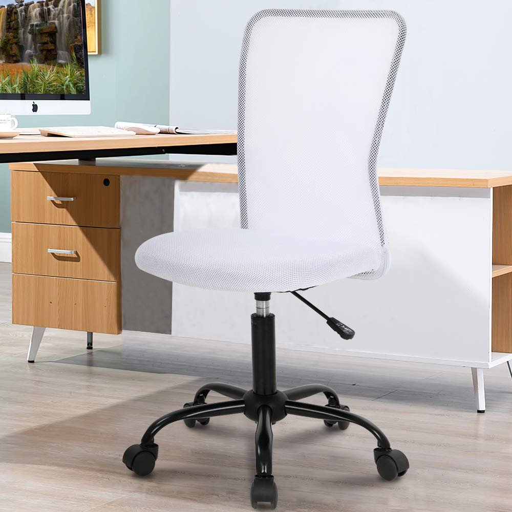 BestShop Home Office Chair, Computer Desk Chair, Mid Back Mesh Height Adjustable Small Modern Task Chairs, No Armrest Rolling Swivel Chairs with Wheels, White