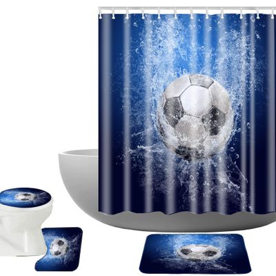 Amagical Water Drops Around Soccer Ball on Blue Background Pattern 4 Piece Bathroom Mat Set Shower Curtain Set Bath Mat Contour Mat Toilet Cover Shower Curtain with 12 Hooks