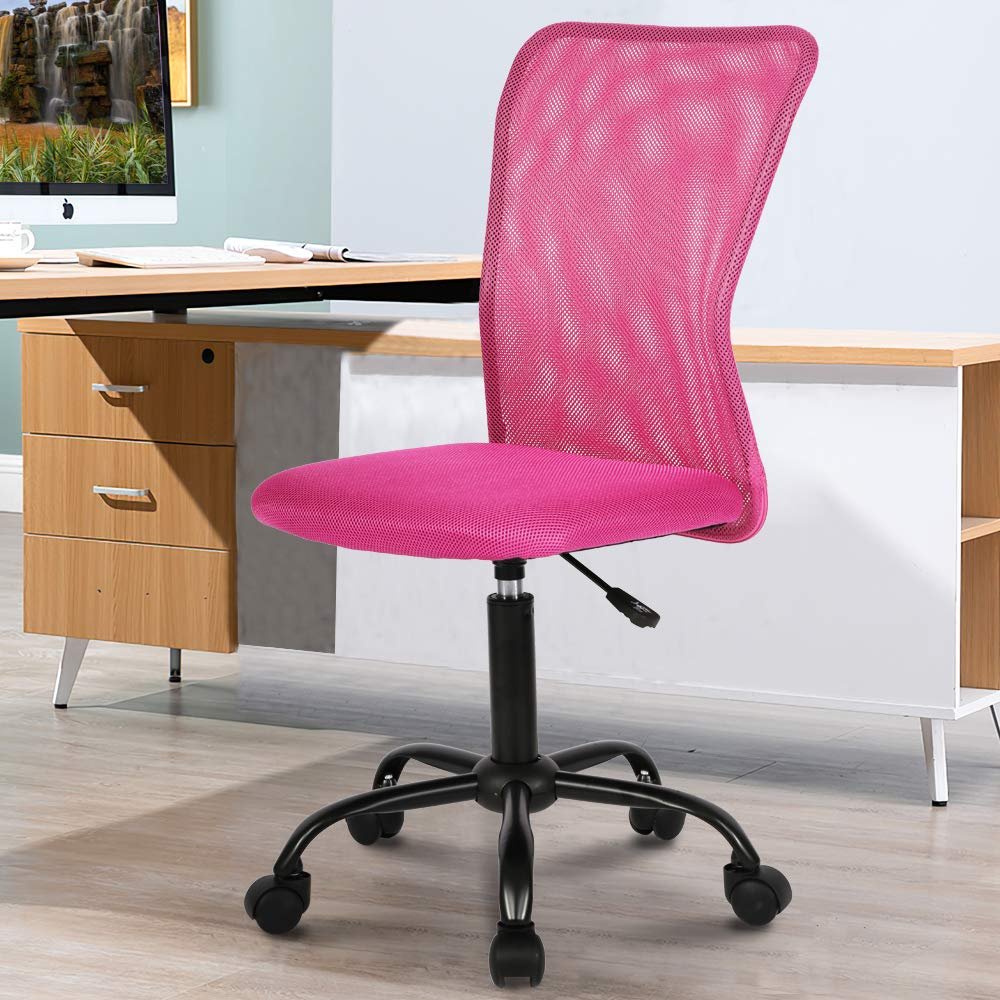 BestShop Home Office Chair, Computer Desk Chair, Mid Back Mesh Height Adjustable Small Modern Task Chairs, No Armrest Rolling Swivel Chairs with Wheels, Pink