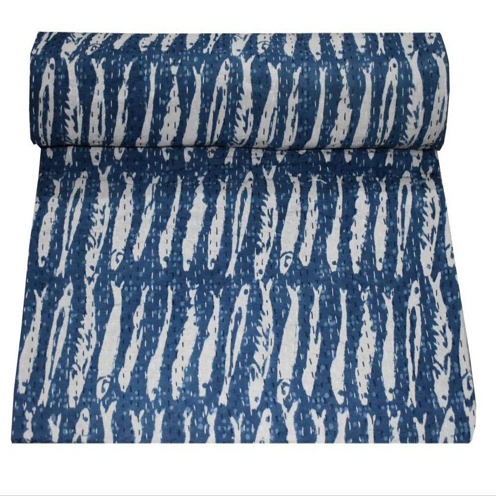 Sophia-Art Indian King/Twin Handmade Bohemian Hand Block Print Pure Cotton Bedspread Kantha Stitch Hippie Kantha Bed Spread Reversible Bedcover Throw Quilt (Handblock 7, 90" x 108")
