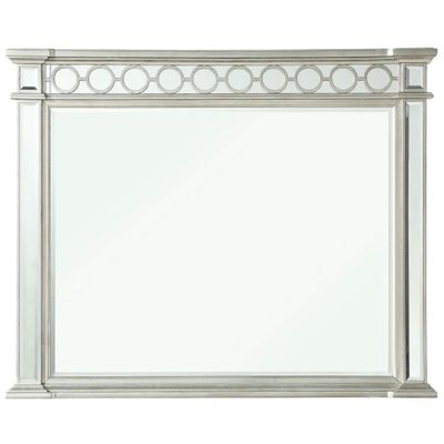 Benjara Wall Wooden Raised Geometric Pattern Frame Mirror with Beveled Edges, Silver