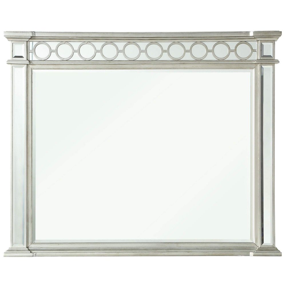 Benjara Wall Wooden Raised Geometric Pattern Frame Mirror with Beveled Edges, Silver