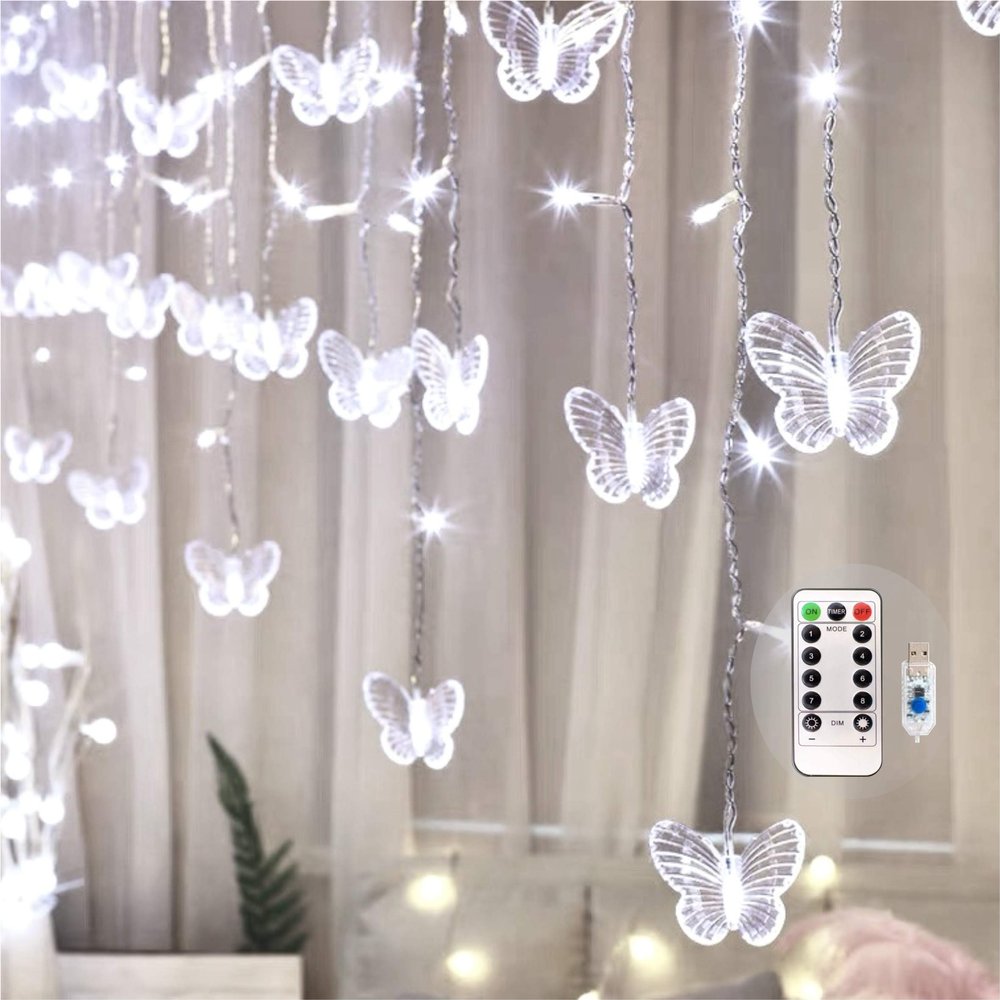 Butterfly Curtain Fairy Lights USB Plug in,8 Modes 120 LED 19.7FT Firefly Twinkle Timer String Lights with Remote, Waterproof Copper Wire for Bedroom Patio Christmas Wedding Party Dorm (Cool White)