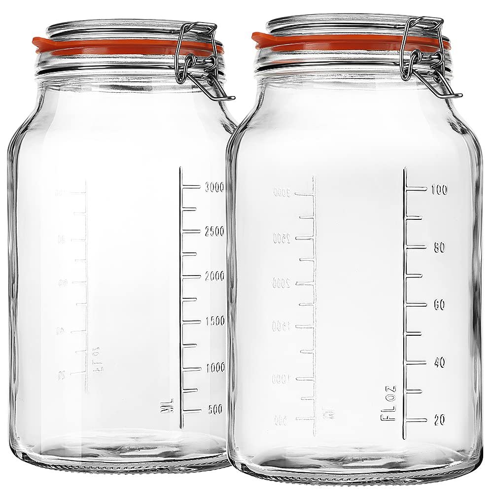 1 Gallon Glass Jars with Airtight Lid, Large Glass Storage Containers with Lids, 2 Pack Wide Mouth Mason Jars with Measurement Marks, Kitchen Pantry Storage for Flour, Sugar, 138oz, Dishwasher safe
