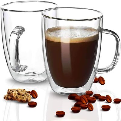 [12 Oz, 2-Pack] Large Clear Glass Coffee Mugs - Double Wall Insulated Glass Tea Cups with Handle - Perfect for Large Espresso Latte Cappuccino - Heat Resistant , Dishwasher and Microwave Safe