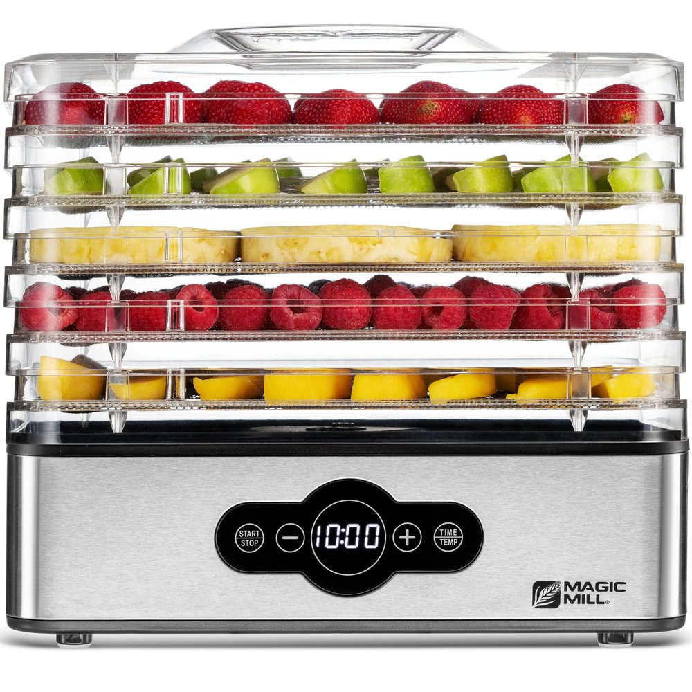 Magic Mill Food Dehydrator Machine | 5 Stackable Stainless Steel Trays, 48H Digital Adjustable Timer & Temperature Control Upto 167 Electric Dryer & Preserver for Jerky, Fruit, Dog Treats & Much More