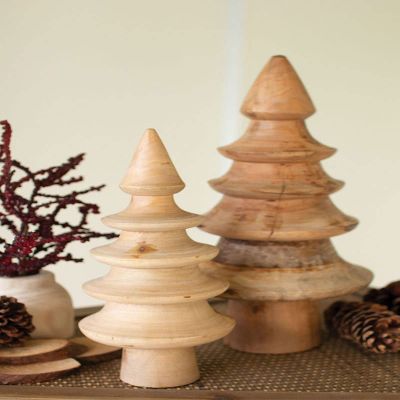 Turned Mango Wood Christmas Trees - Set Of Two