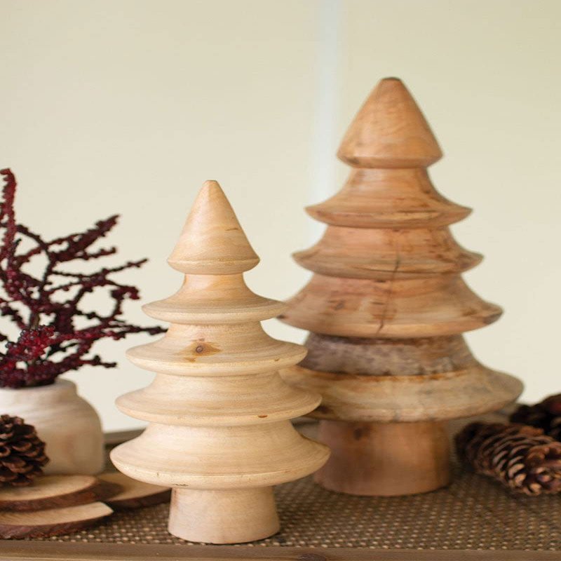 Turned Mango Wood Christmas Trees - Set Of Two