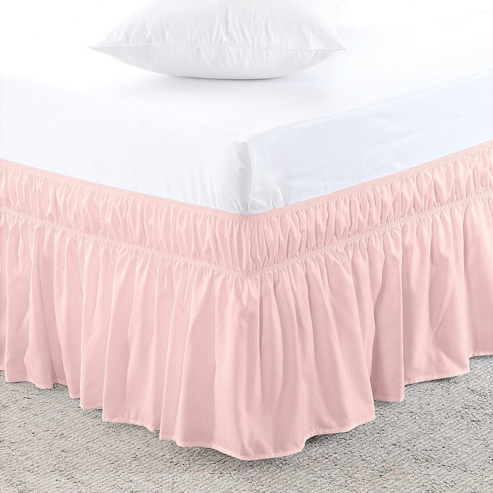 Amuze Bedding Easy Fit Elastic Wrap Around Ruffled BedSkirt Recron 900 Thread Count(Pink, Full XXL, Drop Length 15 Inches)