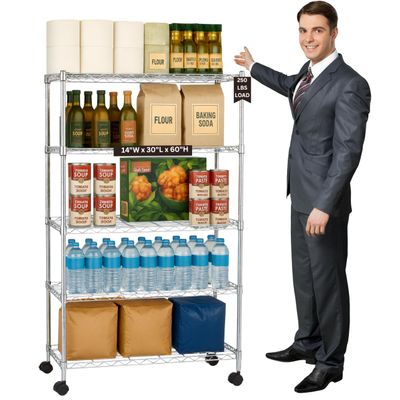 Displays By Jack 5 Tier Heavy Duty Wire Shelving Unit Storage Rack for Products Plant Pantry, Garage, Laundry Racks Durable Shelf Organizer Shelves Stand 14" W x 30" L x 60" H, Chrome